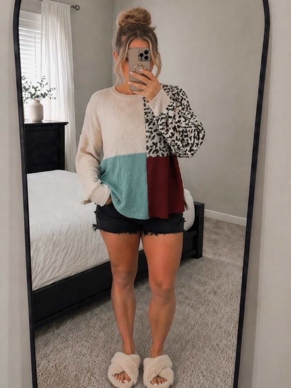 Boutique Colorblock Leopard Knit Top | Oversized Cozy Sweater | Size Large | NEW